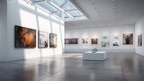 An art gallery with beautiful paintings displayed on minimalist white walls. Generative AI