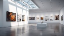 An Art Gallery With Beautiful Paintings Displayed On Minimalist White Walls. Generative AI