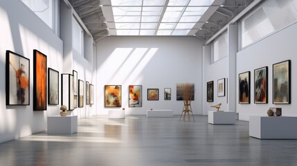 an art gallery with beautiful paintings displayed on minimalist white walls. generative ai
