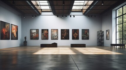 an art gallery with beautiful paintings displayed on minimalist white walls. generative ai