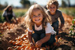 group of happy kids gleefully pick pumpkins from a patch on Halloween, their laughter and excitement filling the air with joy and anticipation for the festivities ahead