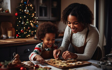 Black African American Dark-skinned Smiling Mother And Son Making Christmas Cookies At Home. Holidays And Celebration Concept