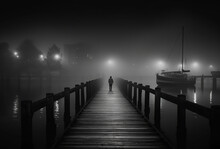 A Moody Image Of A Man Walking On A Dock On A Foggy Night In A City Harbour.  Generative AI.