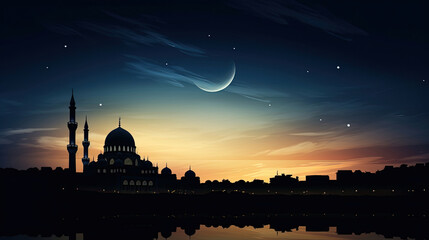 Wall Mural - Mosque sunset sky, moon, holy night, islamic night and silhouette mosque, panaromic islamic wallpaper