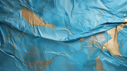 Leinwandbilder - Generative AI : Clean Dusty Blue and Antique Gold paper, wrinkled, abstract background.