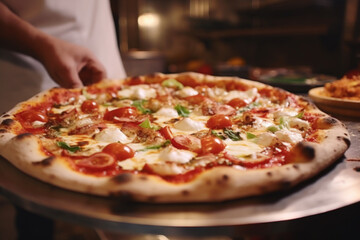 Wall Mural - Neapolitan Culinary Tradition. Pizzaiolo Preparing Pizza with Thin Crust and Rich Tomato Sauce in Authentic Pizzeria. AI Generative