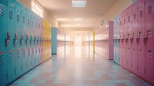 A Colorful School Hallway With Lockers Captured At Dawn Before School Starts. Generative AI