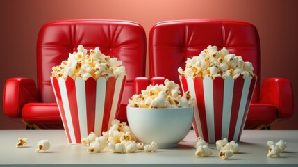 Wall Mural - Two red cinema chairs with fizzy drinks and a box of popcorn on white background. Entertainment