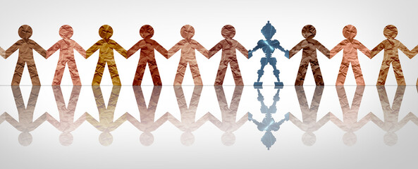 Robots And Society as a Technology concept with robots interacting with people and integrating with the population as work and life assistant symbol and artificial intelligence social issue symbol.