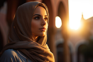 Cultural Grace. Islamic Woman Enjoying a Sunset Walk on the Street. AI Generative