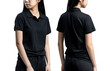 Young woman in black Polo shirt mockup front and back view, Cutout.