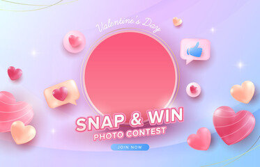 Happy Valentine's Day Snap and Win Contest Background with love, like icon on pastel background. Promotion and contest template for love and valentine's day concept.