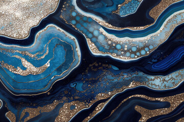 Wall Mural - Golden and blue acrylic color liquid ink swirl abstract background with ravishing turbulence wavy pattern and detailed texture by Generative AI.