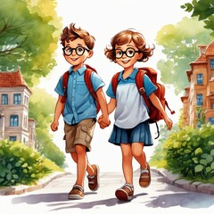 Back to school boy and girl with backpacks go to school to study created with generative AI software