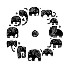 Poster - Elephant family, circle frame for your design. Ethnic ornament