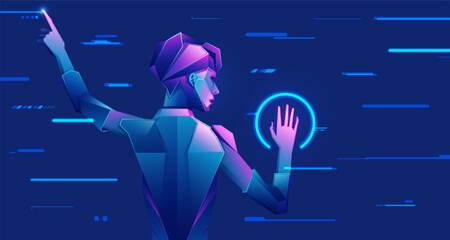 concept of digital transformation or deep learning, graphic of futuristic man with tech element presented in cyberpunk character style