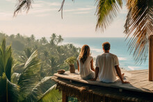 Couple In Love Chilling And Enjoying Beautiful Views Over The Ocean, Paradisiac Beach, Sunday Morning, Ai Generative	