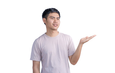 Wall Mural - Young handsome man wearing a casual t-shirt standing over white background approving doing positive gestures with his hand, presenting and showing with hands, smilling and happy for success.