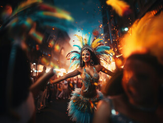 Wall Mural - Vibrant Carnival Rhythms. Dancers in Exotic Feather Costumes at the Brazilian Carnival. AI Generative