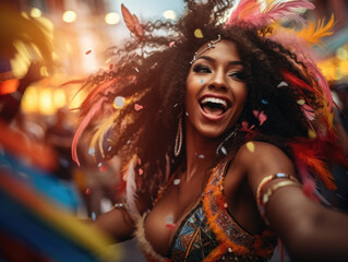 Wall Mural - Vibrant Carnival Rhythms. Dancers in Exotic Feather Costumes at the Brazilian Carnival. AI Generative