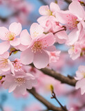 Fototapeta Kwiaty - Enchanting beauty of a blooming cherry blossom tree in a Japanese garden, captured with a macro lens to highlight the delicate petals and evoke a sense of tranquility.