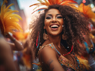 Wall Mural - Vibrant Carnival Rhythms. Dancers in Exotic Feather Costumes at the Brazilian Carnival. AI Generative