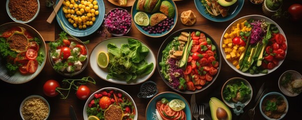 Wall Mural - Healthy food clean eating selection: fruit, vegetable, seeds, superfood, cereal, leaf vegetable on gray concrete background . Generative AI