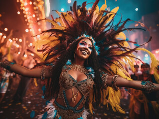 Wall Mural - Vibrant Carnival Rhythms. Dancers in Exotic Feather Costumes at the Brazilian Carnival. AI Generative