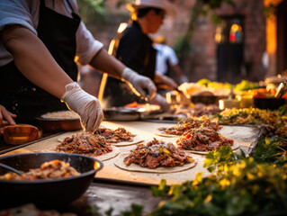 Wall Mural -  Talented Chef Creates Tacos at a Festive Outdoor Fiesta in San Miguel de Allende - A Culinary Journey Through Mexican Tradition, Flavors, and Festivities