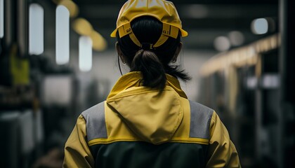 Wall Mural - rear view of female engineer wear saftety hardhat uniform walking checking survey warehouse inventory storage distribution factory,ai generate