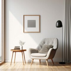 Wall Mural - room with chair with a white wall with a blank picture frame mockup