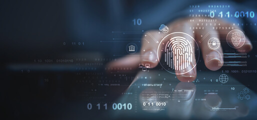 Wall Mural - biometrics security system. woman using fingerprint identification to access personal financial data