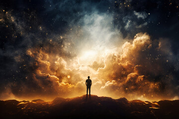 Wall Mural - Faith. Heavenly background. Silhouette of a man standing on the top of a mountain and looking to the heavens