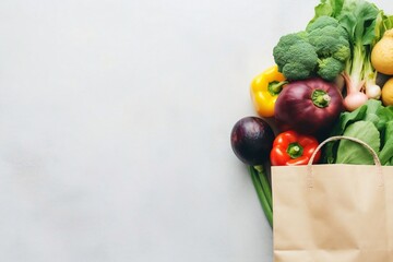 Generative AI : Delivery healthy food background. Healthy vegan vegetarian food in paper bag vegetables and fruits on white, copy space, banner. Shopping food supermarket and clean vegan eating concep