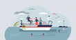 Project management journey and clear business roadmap tiny person concept. Company leader effort as ship captain with future vision, checked milestones and target with objectives vector illustration.