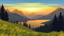 Vector Illustration Of Mountains And Lake Landscape With Pine Forest