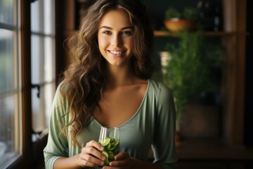 Happy young woman standing in the kitchen and holding a glass of detox water Cheerful young woman drinking a healthy smoothie at home Beautiful smiling woman drinking green vegetable juice