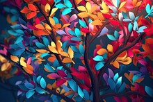 Illustration Background Of A Colorful Tree With Vibrant Leaves . Bright Color Abstraction Wallpaper For Interior Mural Painting , Wall Art Decor, Ai Generated