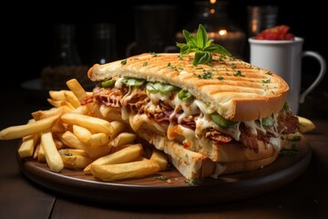 Wall Mural - Grilled sandwiches with chicken and egg served with french fries