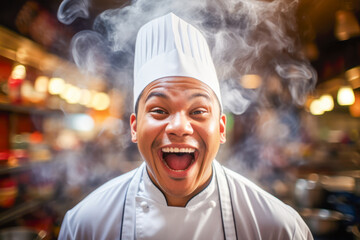 A professional male chef in his immaculate uniform and signature hat, lights up the kitchen with his infectious smile, bringing laughter and joy to the culinary space.