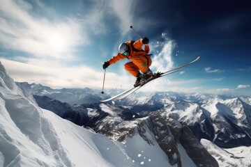 Skier jumping in the snow mountains on the slope with his ski and professional equipment on a sunny day