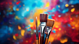 Fototapeta Fototapety kosmos - Paintbrushes over colorful abstract artwork. generative ai