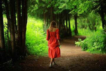 Wall Mural - fashion beautiful woman in dress, nature park, romantic elegant person