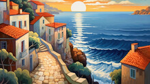 Beautiful Landscape With Sea View At Sunset Oil Painting Wallpaper