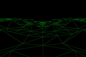 Abstract black and green futuristic 3D map. 3D space landscape background. Vector grid. The retro style of the 80-s, 90-s.