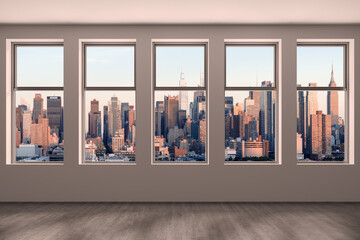 Wall Mural - Midtown New York City Manhattan Skyline Buildings from High Rise Window. Beautiful Expensive Real Estate. Empty room Interior Skyscrapers View Cityscape. Sunset West Side. 3d rendering.