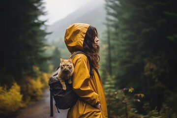 Female in a short mustard raincoat traveler and cat on shoulder with backpack standing in Rain forest. Generative AI