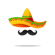 Sombrero Hat With Mustache Vector Isolated On White Background.