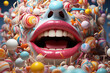 Close up mouth and face full of candies and sweets, candy-filled mouth, sweet tooth, candy addiction.