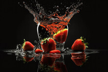 Levitation Of Strawberry With Splash Water On Black Background, Flying Food, Ai Generative.